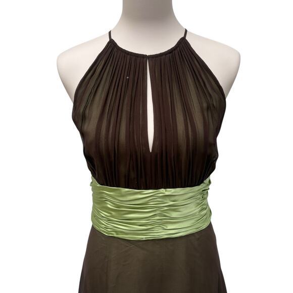 VTG Y2K Maggie London Dress Sz 14 Brown Halter Midi Silk A Line Bella Swan Bows - Picture 2 of 10